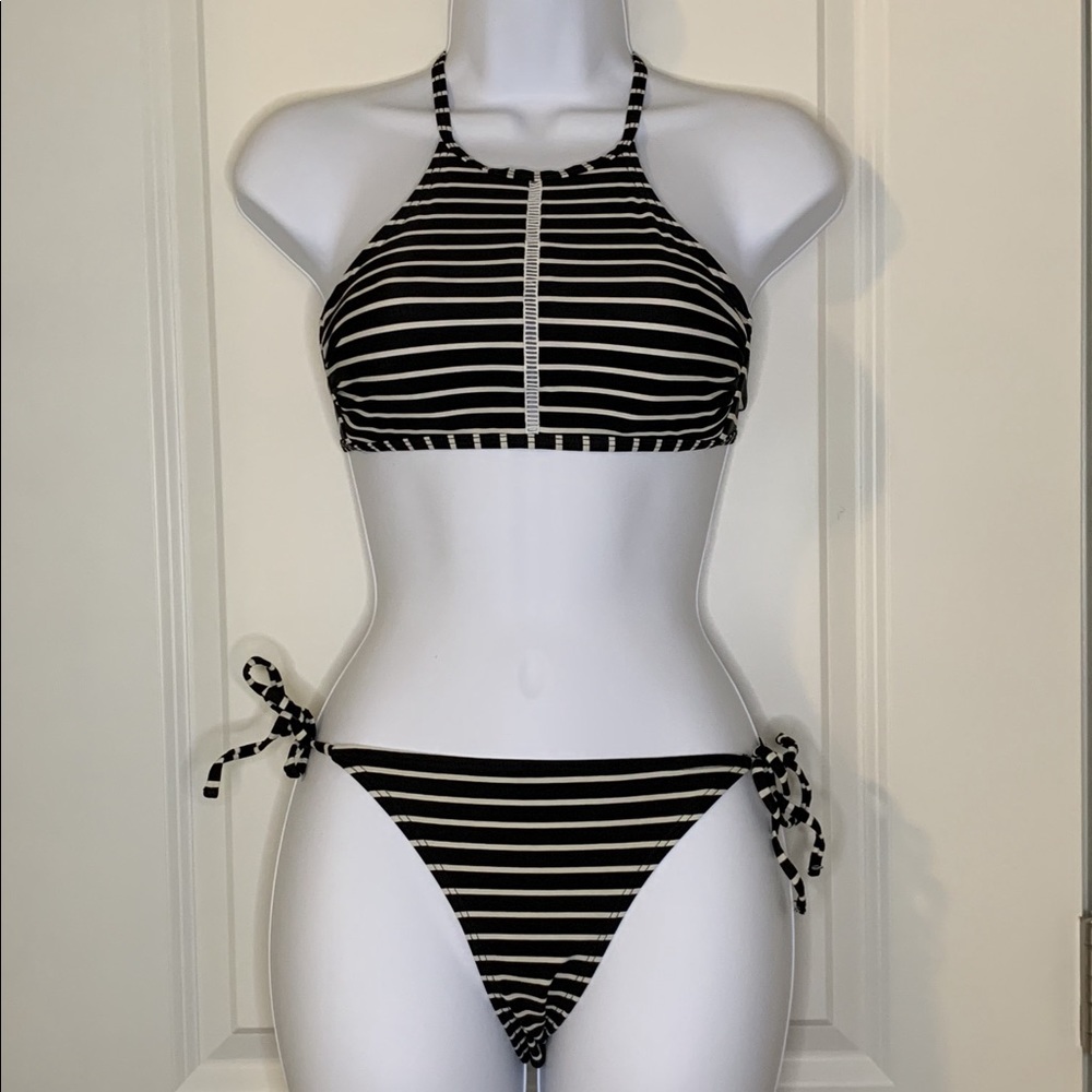 Black and white striped halter bikini